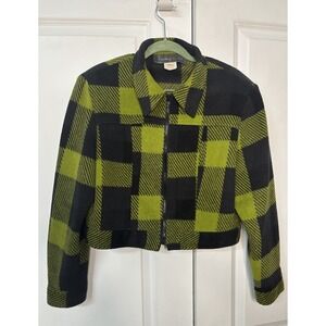 Vintage Cropped Green Black Plaid Zip Jacket Womens 12 Fleece 80s 90s